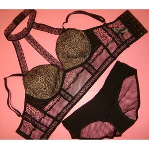 Victoria's Secret high-neck Chocker 32D BRA SET S panty beige BLACK fishnet lace